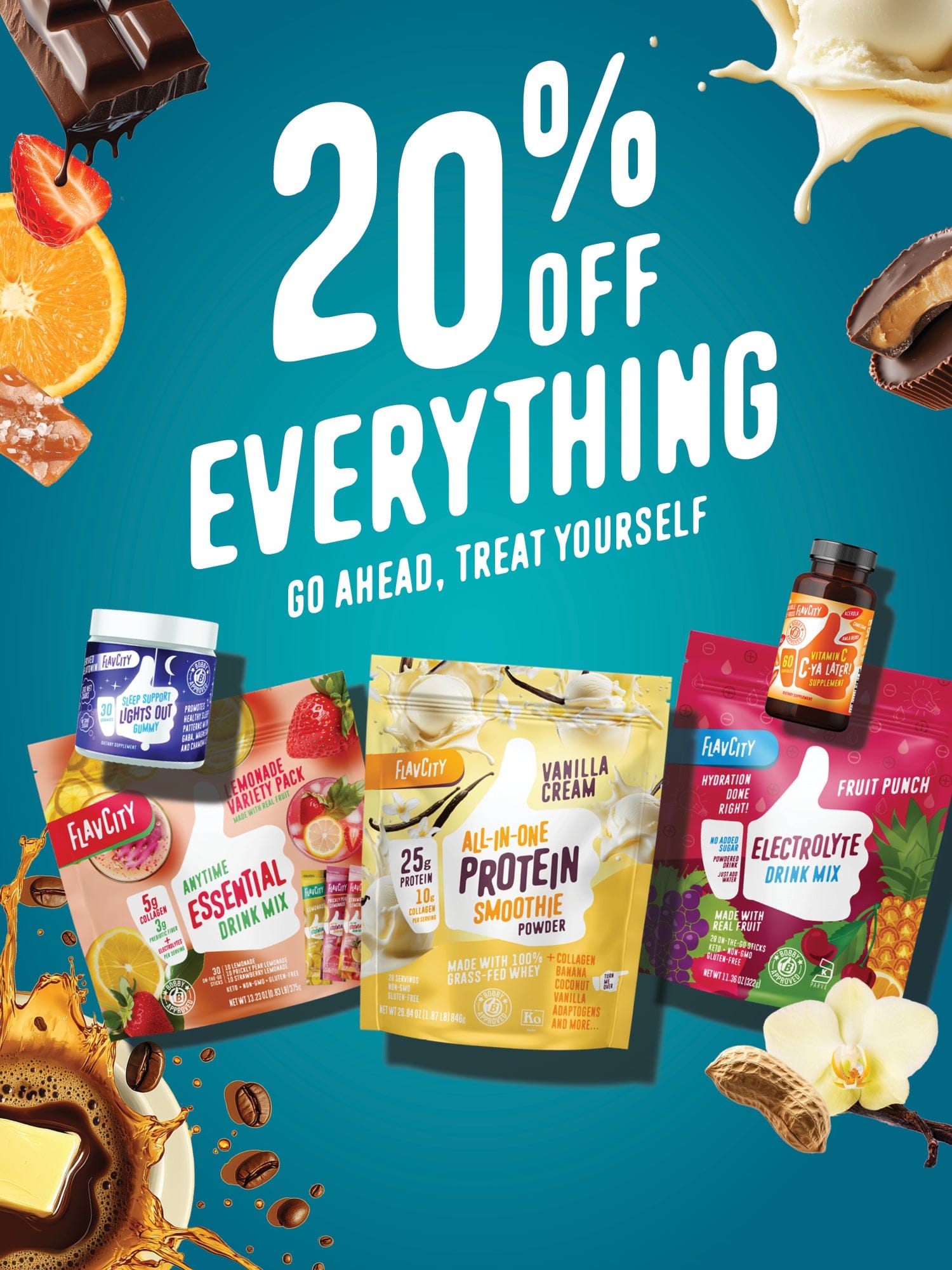 Colorful ad featuring 20% Off Everything in bold white text, with various FunCity drink mix products and ingredients like chocolate, berries, milk, and orange splashes around the promotion.