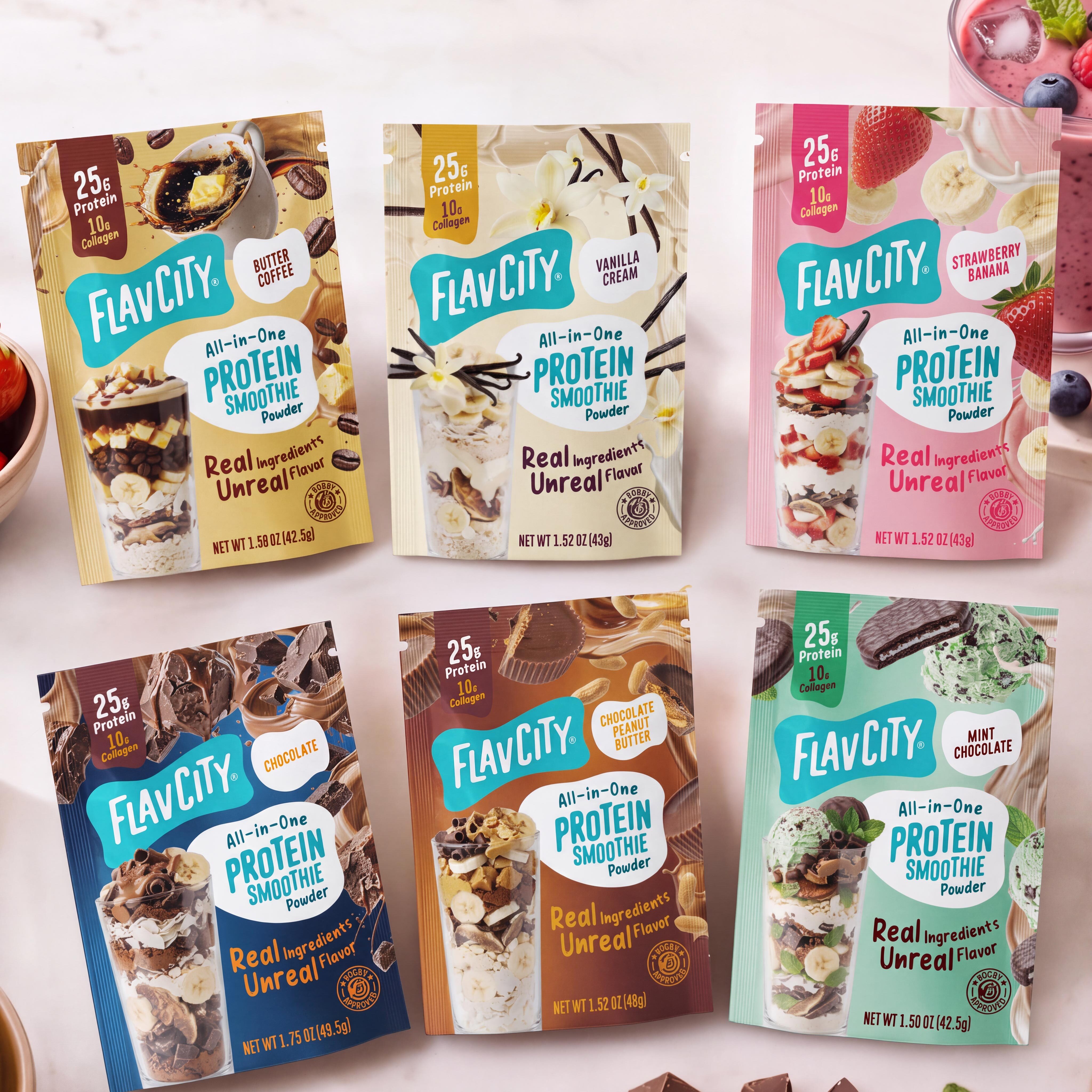Six Shop FlavCity Build Your Own Protein Smoothie Packets in butter coffee, vanilla cream, strawberry banana, chocolate, chocolate peanut butter, and mint chocolate flavors.