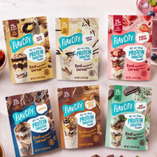 Six Build Your Own Protein Smoothie Packets, arranged in two rows of three.