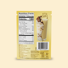 The back of a Banana Bread Protein Smoothies packet featuring a nutrition facts label, ingredient list, barcode, and an illustration of a banana bread smoothie in a glass.
