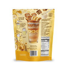 Back of a Shop FlavCity Banana Bread Protein Smoothie package with ingredients, nutrition facts, and mixing steps. Image shows a layered smoothie with banana, nuts, bread pieces on yellow, spotlighting grass-fed whey protein.