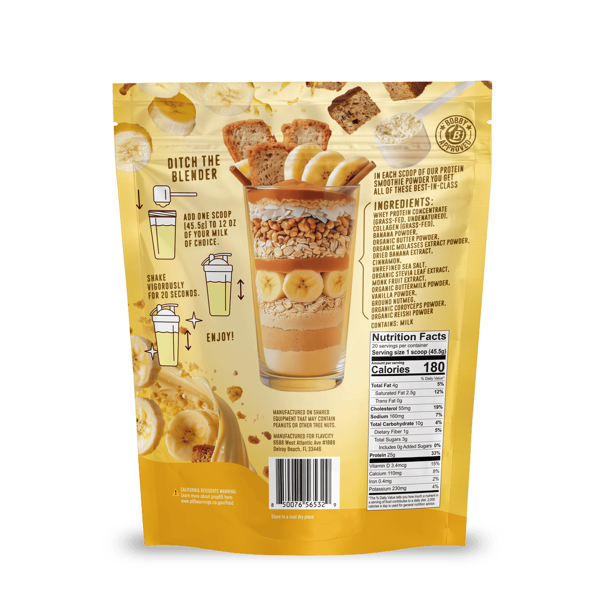 Back of a Shop FlavCity Banana Bread Protein Smoothie package with ingredients, nutrition facts, and mixing steps. Image shows a layered smoothie with banana, nuts, bread pieces on yellow, spotlighting grass-fed whey protein.