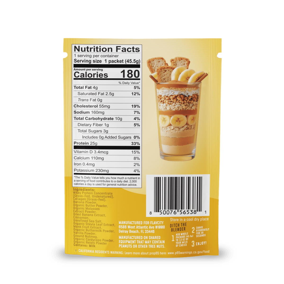 A yellow packet of Shop FlavCity Banana Bread Protein Smoothies features a parfait image with bananas, granola, and cookies. The nutrition facts label indicates 180 calories per serving, and both the barcode and manufacturer information appear at the bottom.