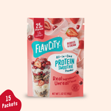 Shop FlavCity Berries & Cream Protein Smoothie Packets single-serving pouch labeled with 25g protein and 10g collagen, featuring graphics of strawberries and cream, with a separate tag noting 15 packets.
