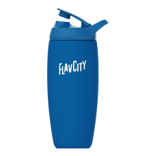 The Shop FlavCity Shaker Bottle is blue, insulated, and features a white FLAVCITY logo on the front with a flip-top lid. This reusable bottle is ideal for smooth shakes and is displayed against a plain white background.