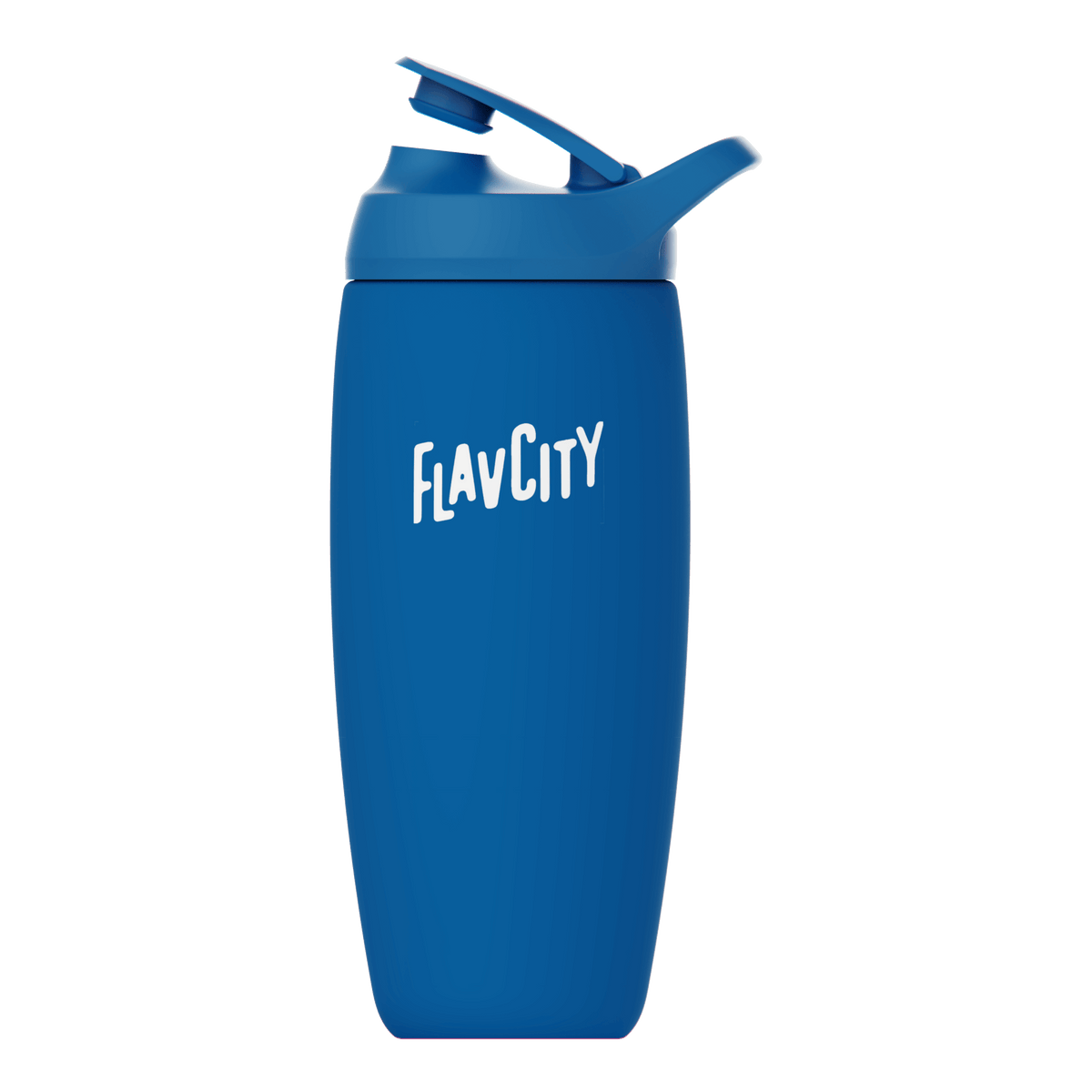 The Shop FlavCity Shaker Bottle is blue, insulated, and features a white FLAVCITY logo on the front with a flip-top lid. This reusable bottle is ideal for smooth shakes and is displayed against a plain white background.