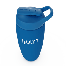 The Shop FlavCity Shaker Bottle is blue, insulated, and comes with a flip-top lid and handle. It features “FLAVCITY” in bold white letters—ideal for smooth, lump-free shakes every time.