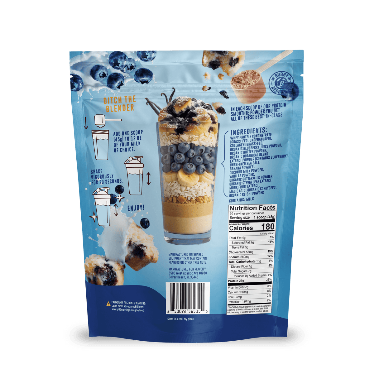 A blue Shop FlavCity Blueberry Muffin Protein Smoothie package shows a clear glass with layered smoothie, fresh blueberries, and highlights of collagen protein and grass-fed whey, plus mixing instructions, ingredients, and nutrition facts on the back.
