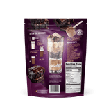 The back of a Shop FlavCity Brownie Batter Protein Smoothie package features a recipe with brownie images, nutrition facts, ingredients list with grass-fed whey protein, and illustrated mixing instructions.