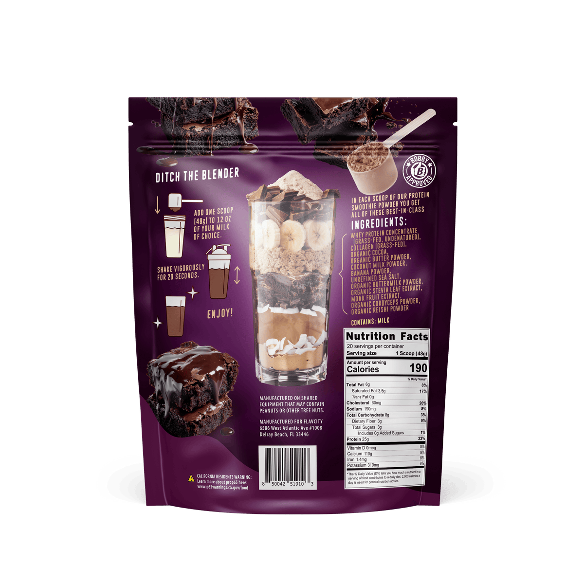 The back of a Shop FlavCity Brownie Batter Protein Smoothie package features a recipe with brownie images, nutrition facts, ingredients list with grass-fed whey protein, and illustrated mixing instructions.