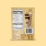 Back of a Butter Coffee Protein Smoothie packet featuring a nutrition facts label, ingredient list, and a glass of coffee drink.