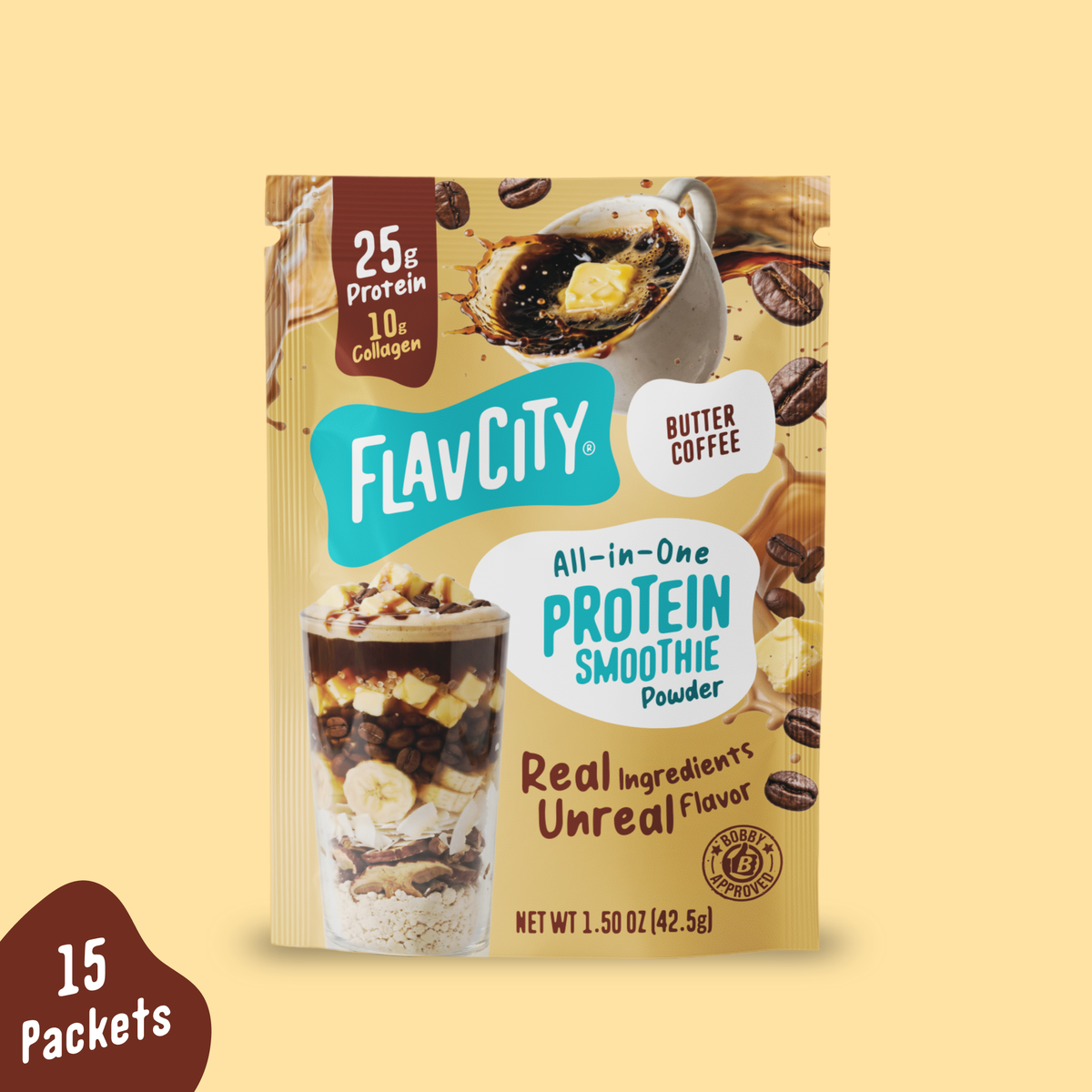 Shop FlavCity Butter Coffee Protein Smoothie Packets featuring an illustration of a coffee drink with butter, topped with banana and nuts.