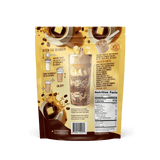 Back of Shop FlavCity Butter Coffee Protein Smoothie mix package with ingredient list, nutrition facts, and directions. Design shows cold brew coffee beans, ice cubes, glass of smoothie, and a powder scoop on a brown and yellow background.