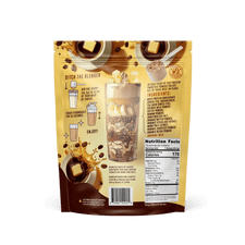 Back of Shop FlavCity Butter Coffee Protein Smoothie mix package with ingredient list, nutrition facts, and directions. Design shows cold brew coffee beans, ice cubes, glass of smoothie, and a powder scoop on a brown and yellow background.