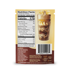 Back of a Shop FlavCity Butter Coffee Protein Smoothie Packets box, displaying nutrition facts, ingredients, and an image of a glass layered with oats, nuts, banana slices, and a creamy smoothie—all set against a light brown background.