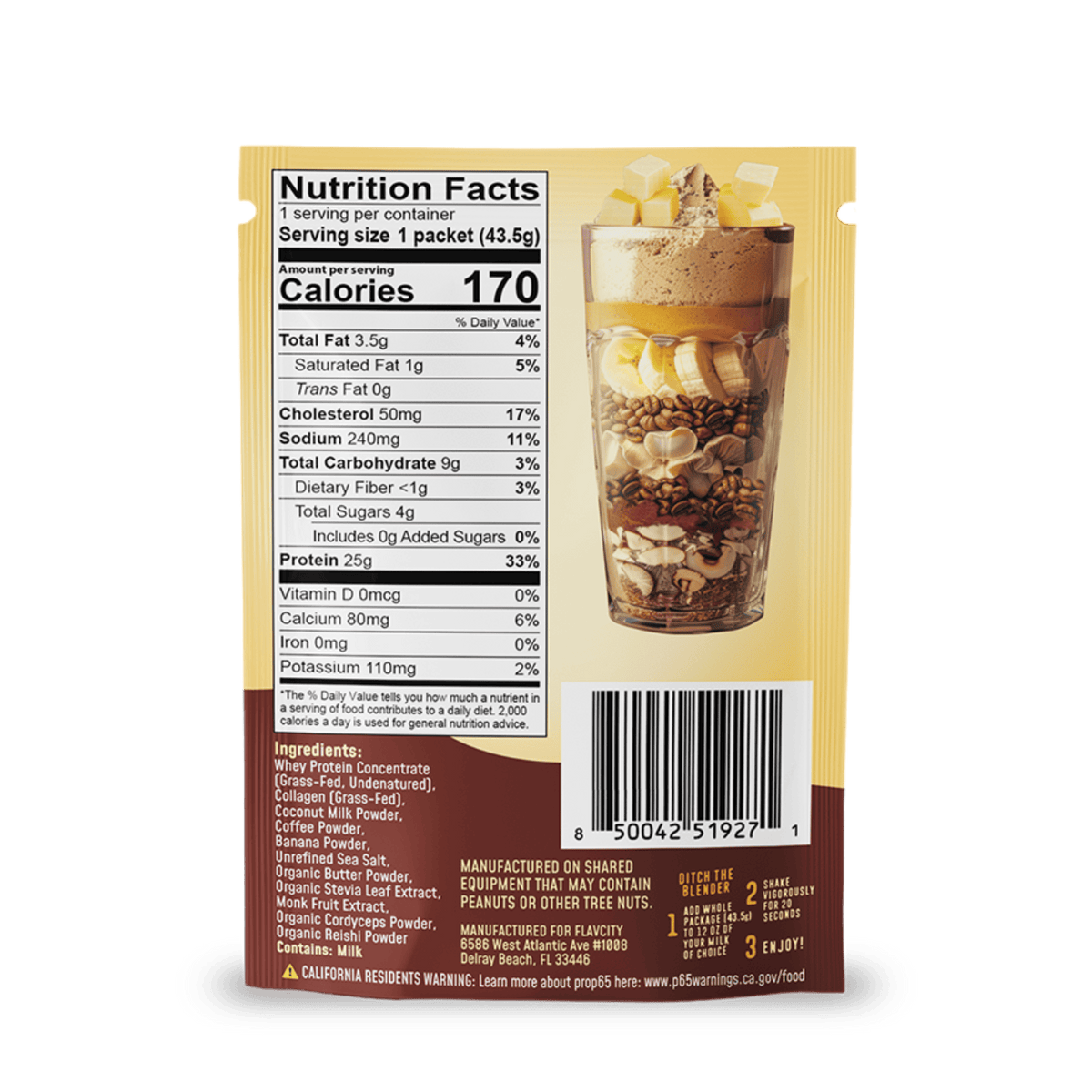 Back of a Shop FlavCity Butter Coffee Protein Smoothie Packets box, displaying nutrition facts, ingredients, and an image of a glass layered with oats, nuts, banana slices, and a creamy smoothie—all set against a light brown background.