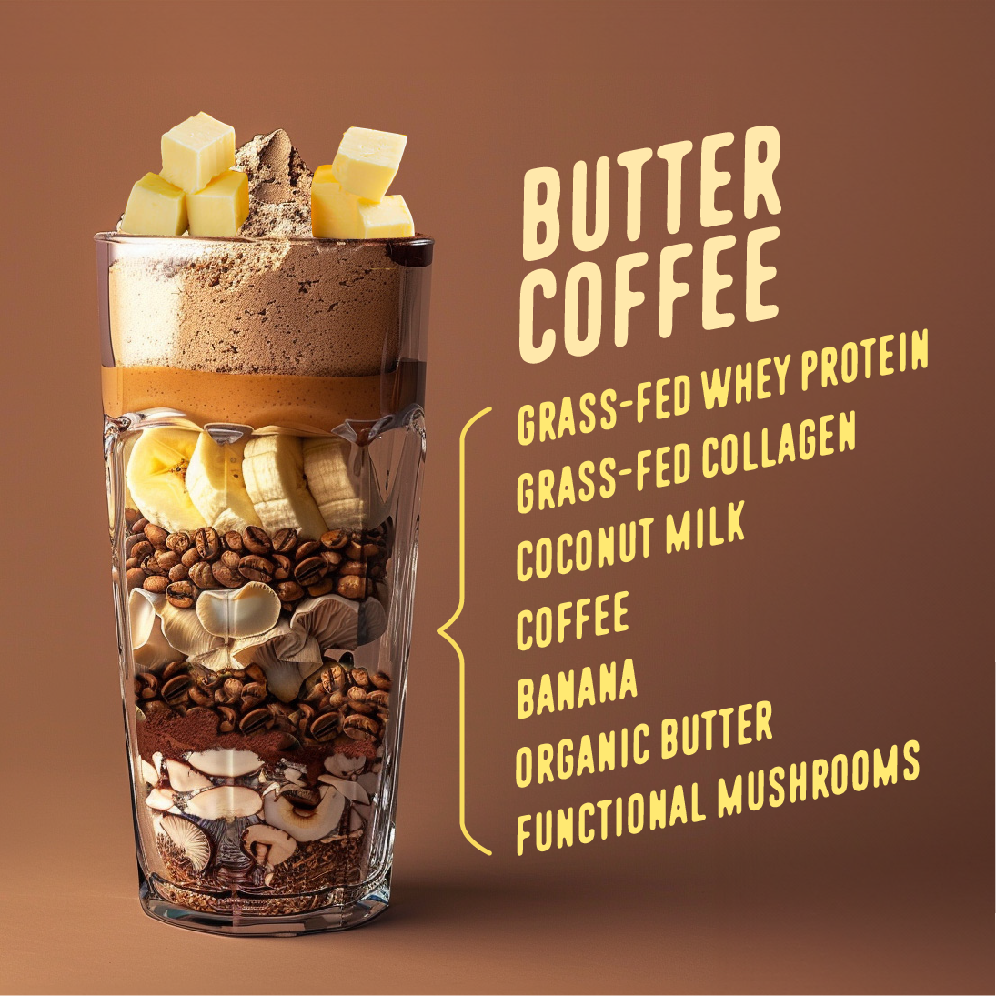 Butter Coffee Protein Smoothie ingredients in glass
.