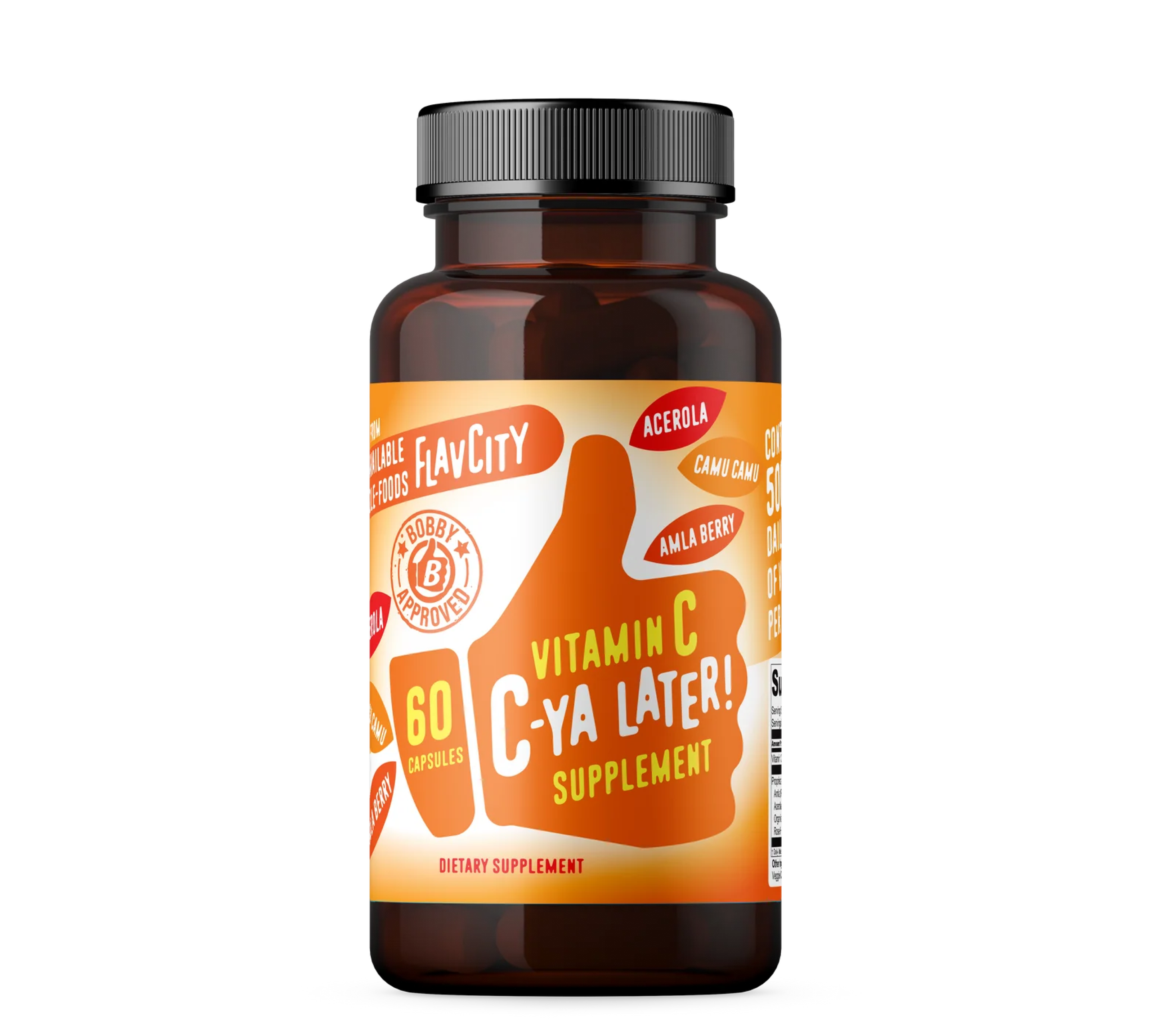 A bottle of 'C-Ya Later Vitamin C' supplement, with a bright orange label emphasizing immune support and antioxidant benefits.