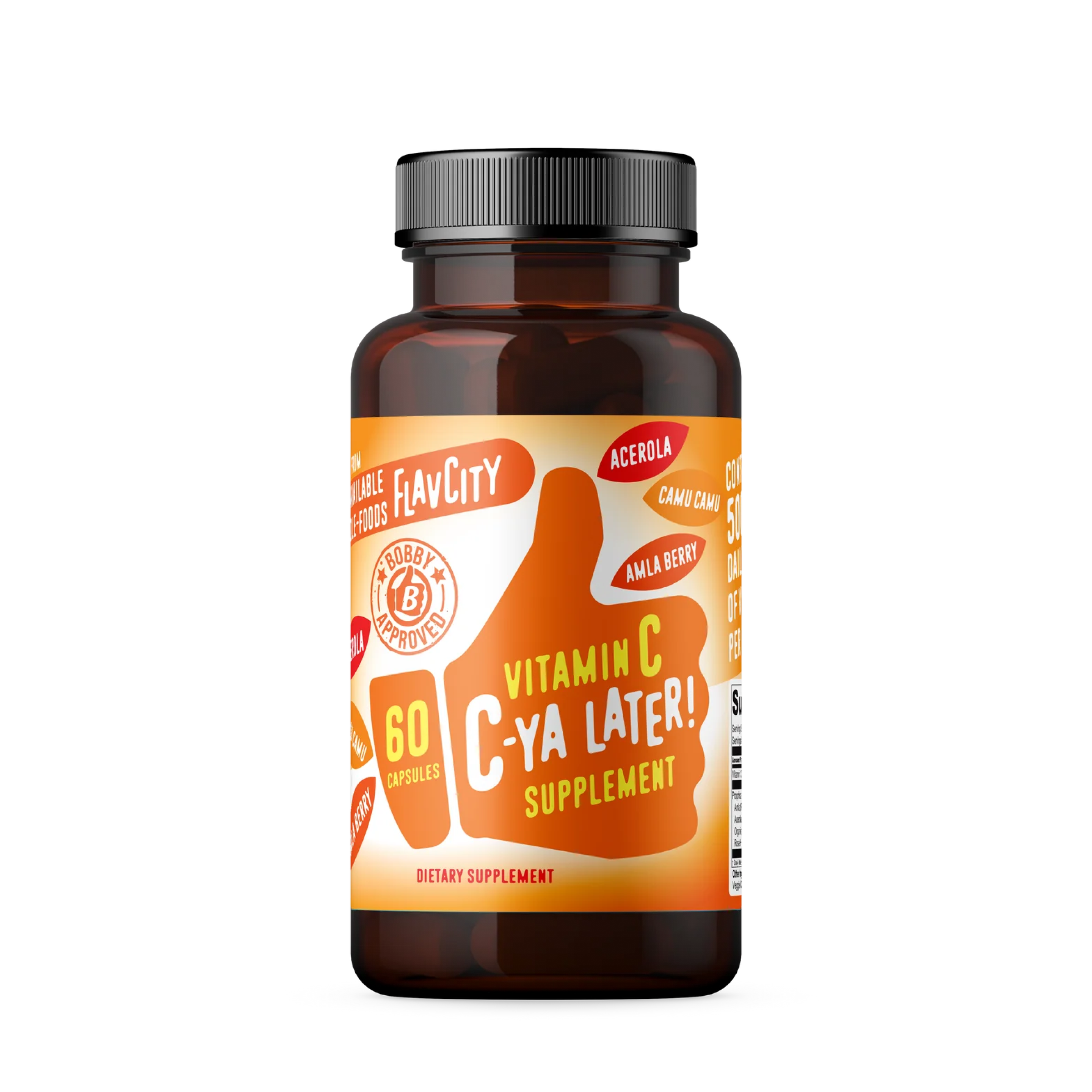 A bottle of 'C-Ya Later Vitamin C' supplement, with a bright orange label emphasizing immune support and antioxidant benefits.