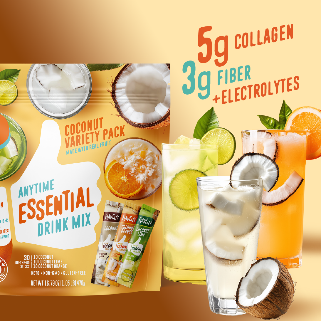 Coconut-based anytime essentials drink mix packages with flavor descriptions on a white background
