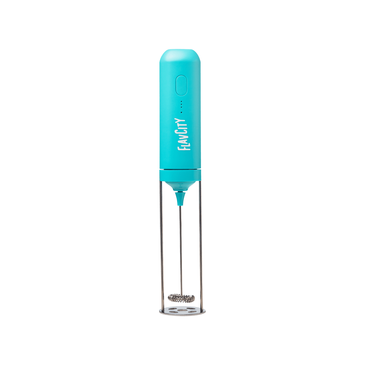 A turquoise FlavCity Frother by FlavCity Cafe stands upright on a white background. It features a metal whisk with a clear plastic guard at the bottom, ideal for making barista-quality drinks.