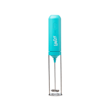 A turquoise FlavCity Frother by FlavCity Cafe stands upright on a white background. It features a metal whisk with a clear plastic guard at the bottom, ideal for making barista-quality drinks.