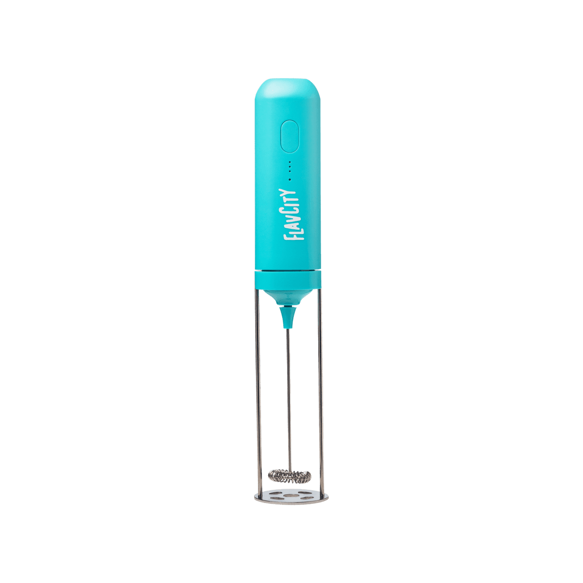 A turquoise FlavCity Frother by FlavCity Cafe stands upright on a white background. It features a metal whisk with a clear plastic guard at the bottom, ideal for making barista-quality drinks.