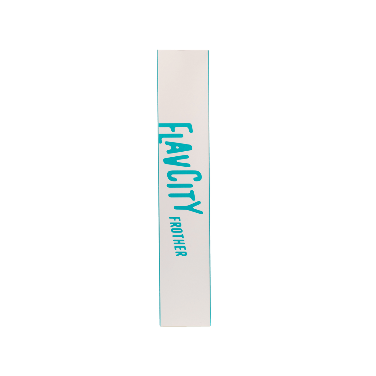The FlavCity Cafe FlavCity Frother features a tall, rectangular white box with its name in bold turquoise letters—perfect for making barista-quality drinks and strikingly displayed against a simple, light background.