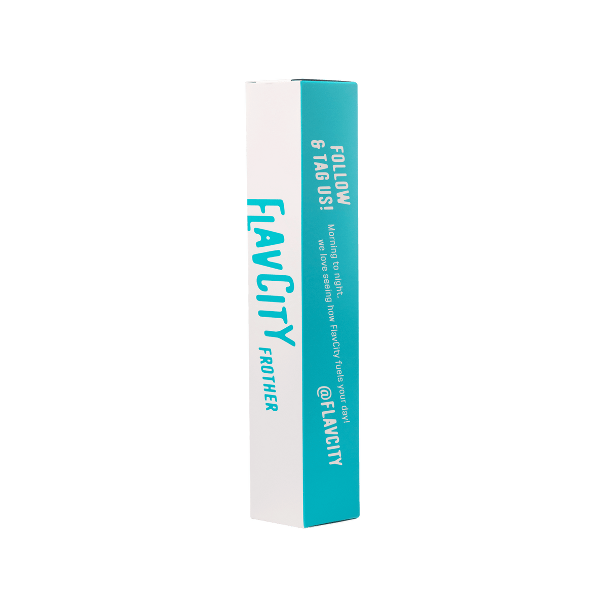 A rectangular FlavCity Cafe FlavCity Frother box stands upright against a white background, labeled in blue text. One side invites customers to follow and tag @FLAVCITY on social media. Ideal for creating barista-quality drinks at home.