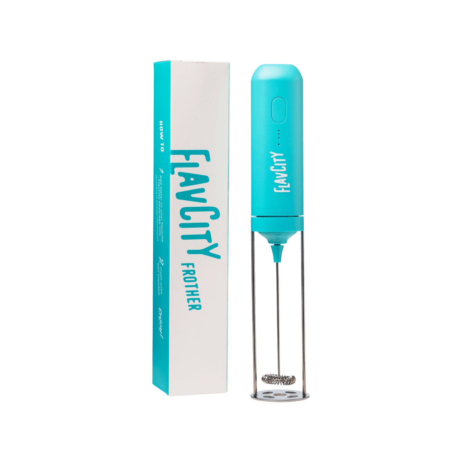The FlavCity Cafe FlavCity Frother, featuring a blue handheld design with a silver whisk, stands upright beside its matching packaging on a white background—ideal for making barista-style drinks at home.