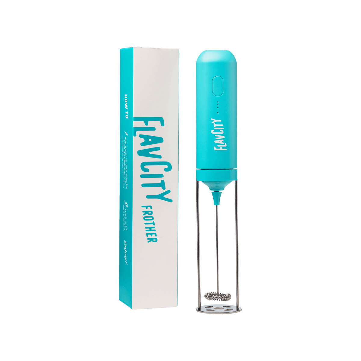 The FlavCity Cafe FlavCity Frother, featuring a blue handheld design with a silver whisk, stands upright beside its matching packaging on a white background—ideal for making barista-style drinks at home.