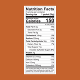 Nutrition label on white with black text for FlavCity Cafe Café 18-Pack of Single Serves: per 50g packet—150 calories, 4.5g fat, 250mg sodium, 36g carbs, 11g sugars, 7g protein, plus added vitamins and minerals.