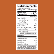 Nutrition label on white with black text for FlavCity Cafe Café 18-Pack of Single Serves: per 50g packet—150 calories, 4.5g fat, 250mg sodium, 36g carbs, 11g sugars, 7g protein, plus added vitamins and minerals.