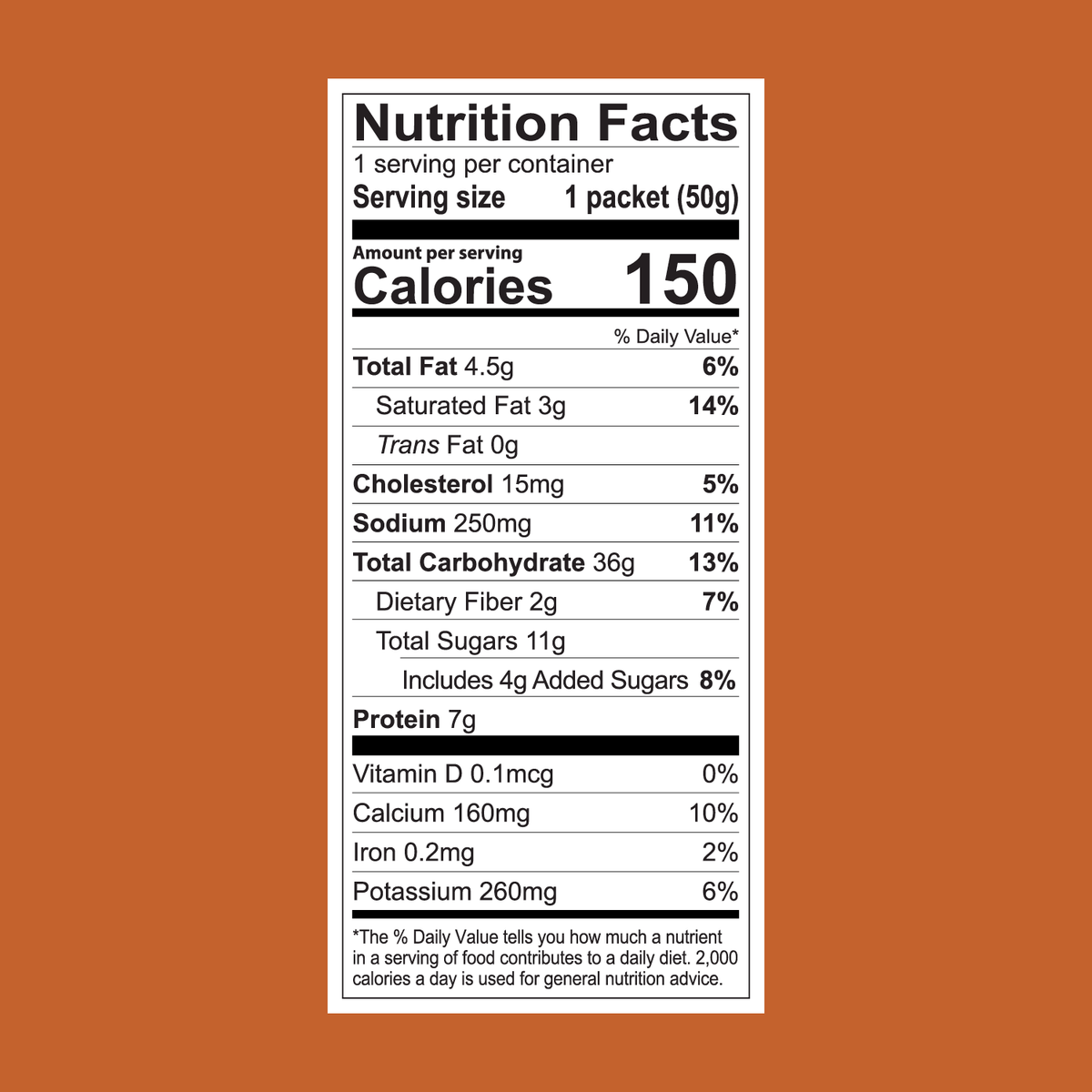 Nutrition label on white with black text for FlavCity Cafe Café 18-Pack of Single Serves: per 50g packet—150 calories, 4.5g fat, 250mg sodium, 36g carbs, 11g sugars, 7g protein, plus added vitamins and minerals.