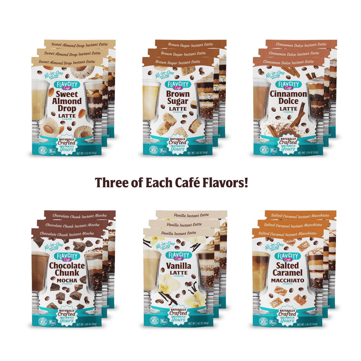 Enjoy the FlavCity Cafe 18-Pack of Single Serves—a delicious café variety pack with three each of Sweet Almond Drop, Brown Sugar, Cinnamon Dolce, Chocolate Chunk, Vanilla, and Salted Caramel flavors!.