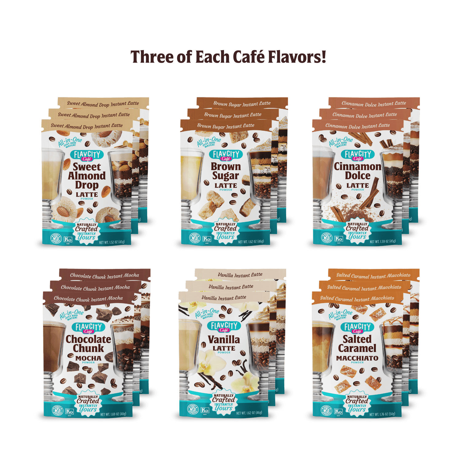 Six stacks of FlavCity Cafe 18-Pack Single Serves are arranged in two rows, each stack showing three flavored latte packets. A heading above reads "Three of Each Café Flavors!" with images of the drinks.