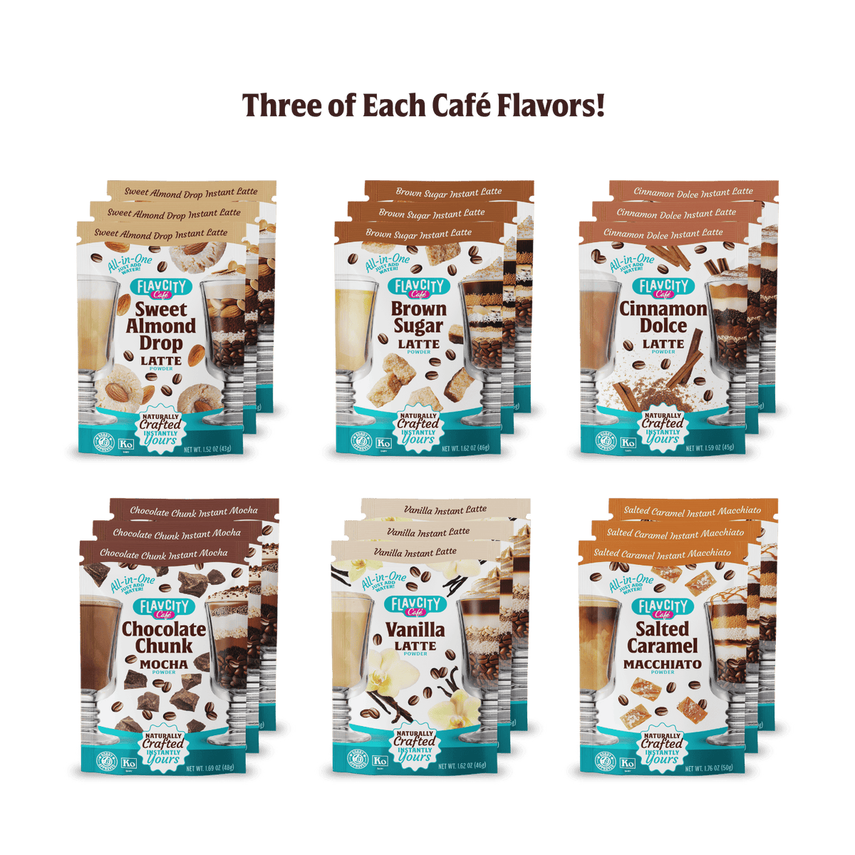 Six stacks of FlavCity Cafe 18-Pack Single Serves are arranged in two rows, each stack showing three flavored latte packets. A heading above reads "Three of Each Café Flavors!" with images of the drinks.