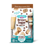 A bag of Flavcity Café Brown Sugar Latte Powder featuring images of latte drinks, brown sugar cubes, and coffee beans on the packaging, with text highlighting its all-in-one, instant, and naturally crafted.