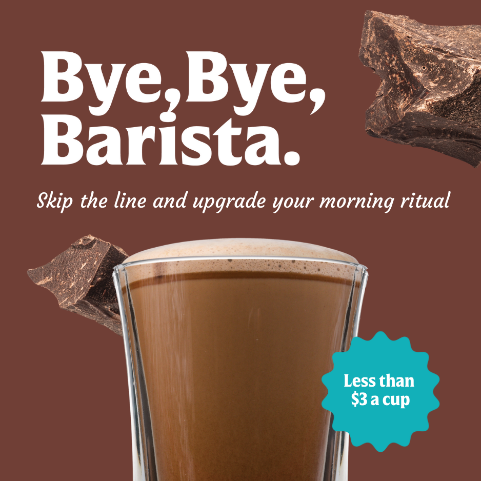 A glass of FlavCity Cafe Chocolate Chunk Mocha sits on a brown background. Text: Bye, Bye, Barista—skip the line and upgrade your morning ritual. Label: Less than $3 a cup.