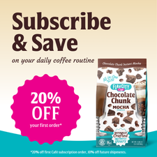 A promo image for FlavCity Cafe Chocolate Chunk Mocha shows a “20% OFF your first order” badge, the product package, glasses of mocha, and the text “Subscribe & Save on your daily coffee routine.”.