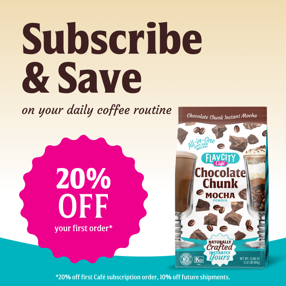 A promo image for FlavCity Cafe Chocolate Chunk Mocha shows a “20% OFF your first order” badge, the product package, glasses of mocha, and the text “Subscribe & Save on your daily coffee routine.”.