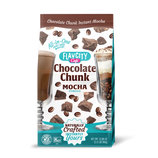 A bag of FlavCity Café Chocolate Chunk Mocha Powder, featuring images of chocolate chunks, coffee beans, a glass of mocha, and a mocha dessert. The front highlights it as an all-in-one instant mocha.
