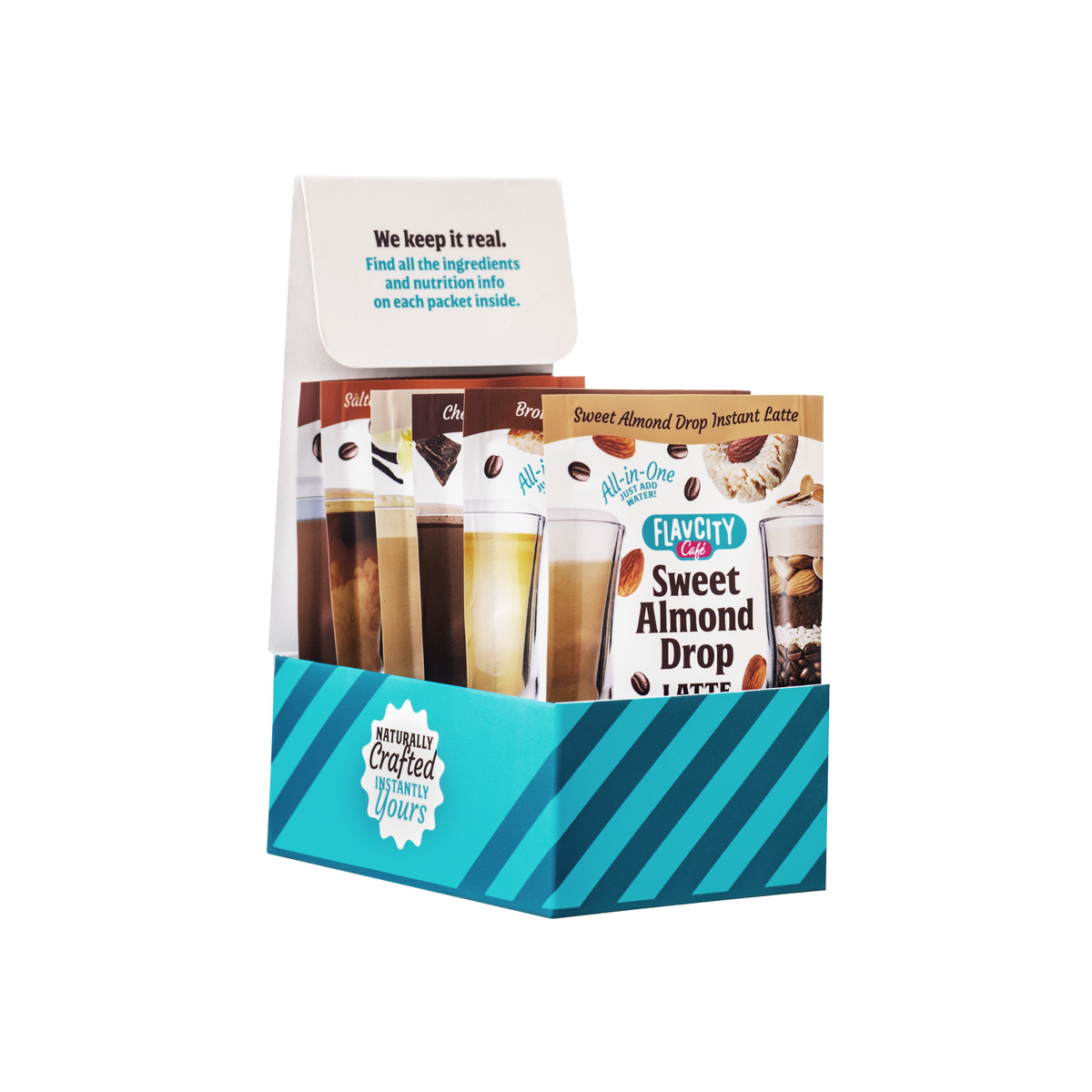 A blue and white striped box labeled FlavCity Cafe Latte Variety Pack holds single-serve latte packets like Sweet Almond Drop. The open lid displays a message with key ingredients and nutrition info.