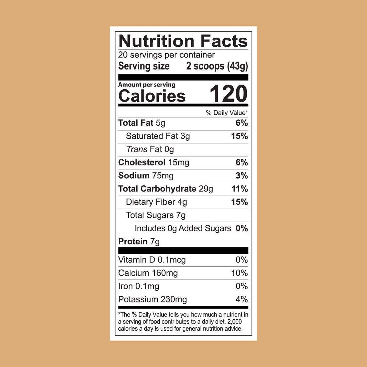 The FlavCity Cafe Sweet Almond Drop Latte nutrition label (per 2 scoops/43g): 120 calories, 5g fat, 15mg cholesterol, 75mg sodium, 24g carbs, 4g fiber, 7g sugar, 7g protein. Features real coffee and added vitamins/minerals. Makes 20 servings.