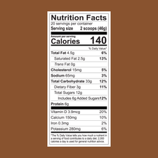 FlavCity Cafe Brown Sugar Latte nutrition label: serving size 2 scoops (46g), 140 calories, fat, cholesterol, sodium, carbohydrates, organic coconut sugar, protein, vitamins, calcium, iron & potassium per serving.