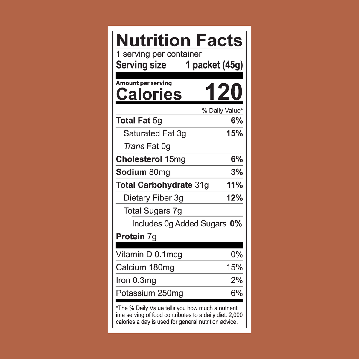 A nutrition label on a brown background highlights 1 serving per container from the FlavCity Cafe Latte Variety Pack—ideal for indulgent lattes—with 120 calories, 5g fat, 15g carbs, 7g protein, plus sodium, fiber, sugars, and vitamins.
