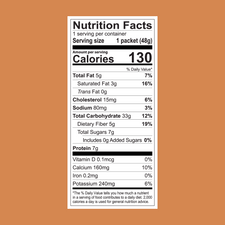Nutrition facts for a FlavCity Cafe Latte Variety Pack single-serve packet: 48g, 130 calories, 5g fat, 80mg sodium, 19g carbs (5g fiber, 7g sugars), and 7g protein—ideal for your indulgent lattes.