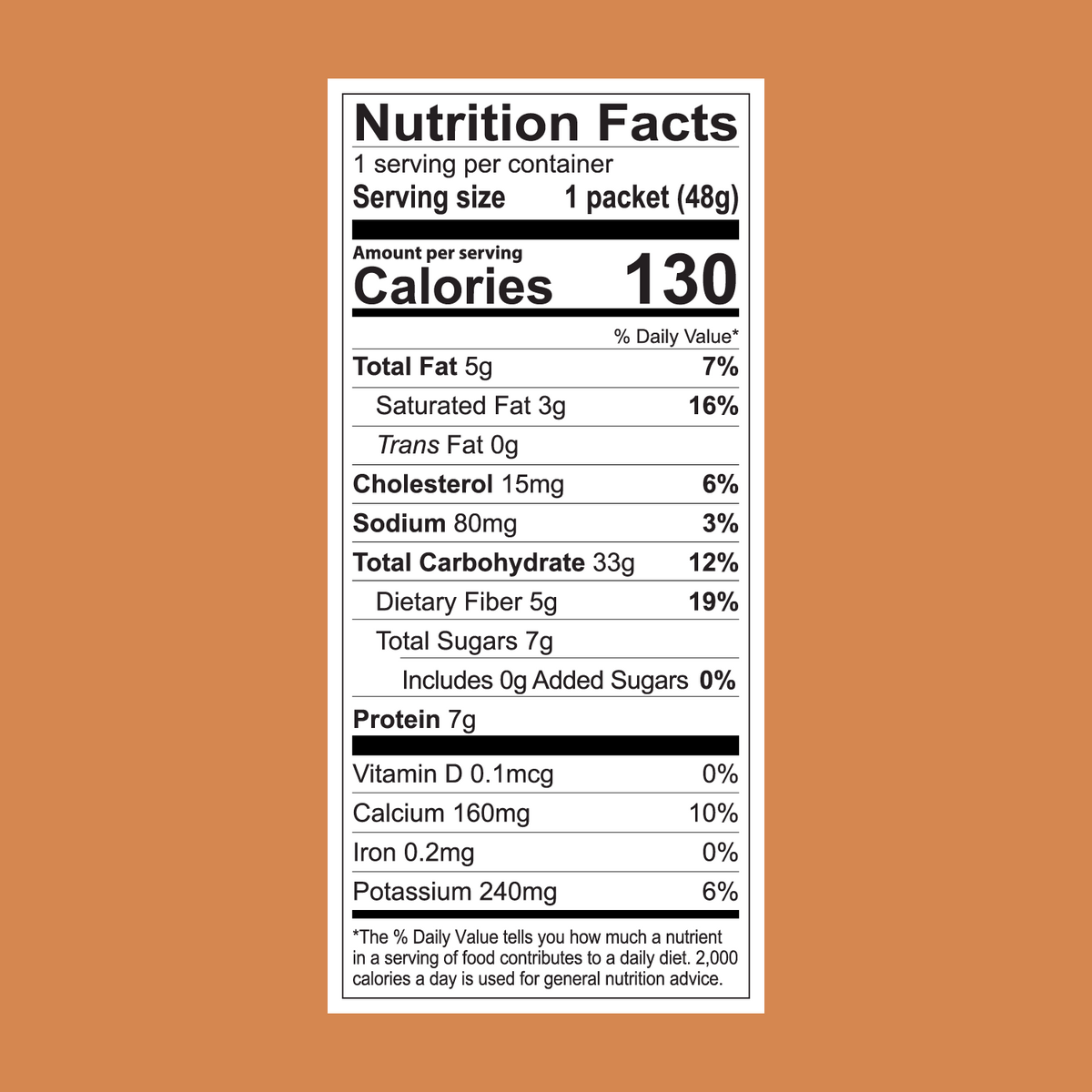 Nutrition facts for a FlavCity Cafe Latte Variety Pack single-serve packet: 48g, 130 calories, 5g fat, 80mg sodium, 19g carbs (5g fiber, 7g sugars), and 7g protein—ideal for your indulgent lattes.