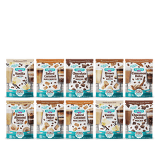 The FlavCity Cafe Café 10-Pack of Single Serves features ten instant latte packets in two rows, with real ingredients and café flavors like vanilla, salted caramel macchiato, chocolate chunk mocha, brown sugar latte, and cinnamon dolce.