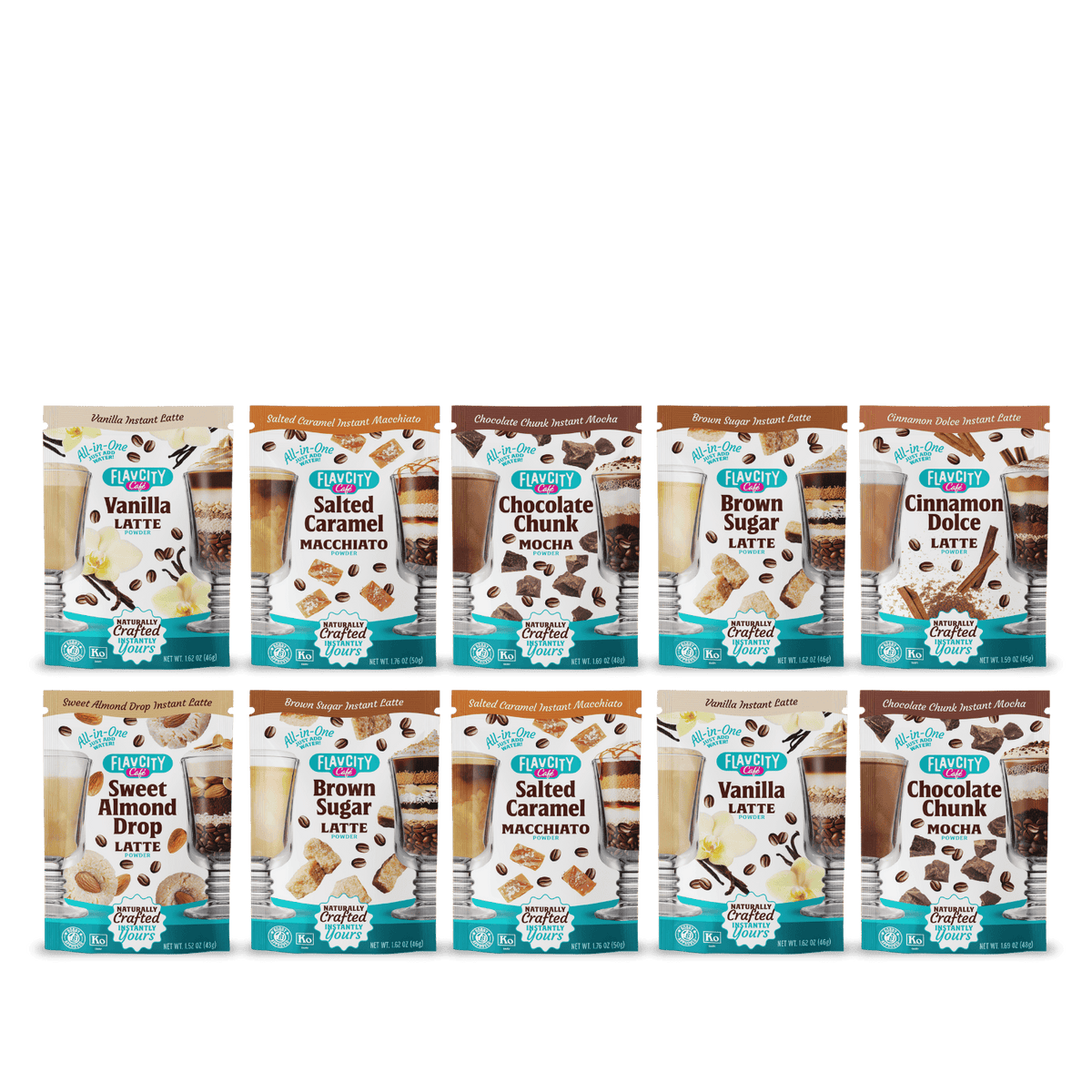 The FlavCity Cafe Café 10-Pack of Single Serves features ten instant latte packets in two rows, with real ingredients and café flavors like vanilla, salted caramel macchiato, chocolate chunk mocha, brown sugar latte, and cinnamon dolce.